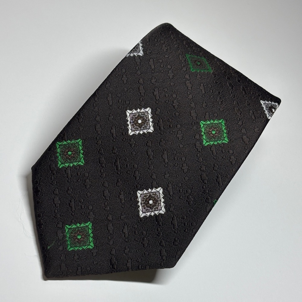 Wembley Wemlon Necktie Mens OS Brown Green Geometric Vintage Textured MCM Retro
